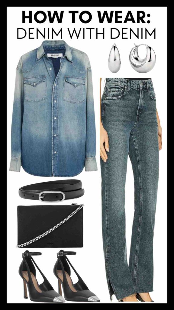 How To Wear Denim With Denim Denim Button-Up Shirt & Dark Wash Slit Hem Jeans how to style a denim button-up shirt how to style a jean shirt how to wear black accessories with jeans how to wear silver accessories how to accessorize with silver how to accessorize with black the best staple accessories how to wear a jean shirt with jeans late winter style inspiration early spring style inspiration how to style denim with denim