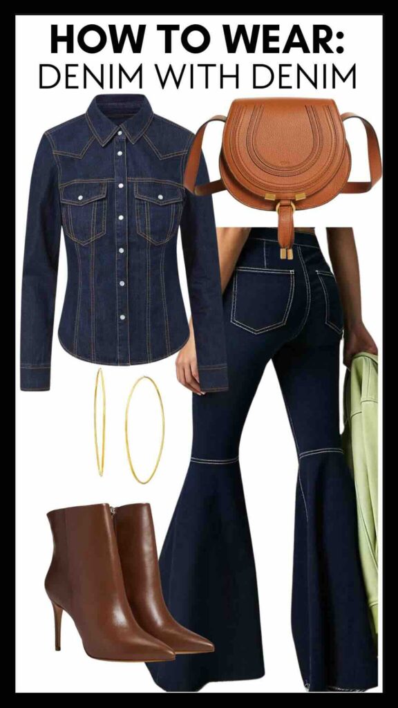 Western Button-Up Shirt & Dark Wash Flare Jeans styling dark wash jean shirt with dark wash jeans styling flare jeans personal stylists share tips for styling jean top with jeans styling a jean button-up shirt styling a western button-up shirt classic accessories 