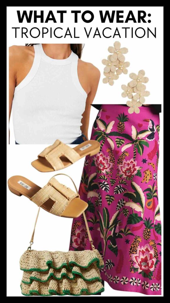 What To Wear On A Tropical Vacation High Neck Rib Knit Tank & Satin Midi Slip Skirt how to style a printed slip skirt how to wear raffia accessories the best accessories for the beach what to wear to lunch at the beach how to look cute at a resort vacation outfits report outfits resort style inspo nashville personal stylists share outfits for a resort versatile beach accessories what to pack for a resort vacation what to pack for the beach what to pack for a vacation in the tropics