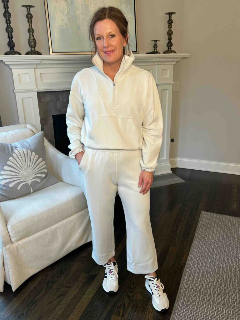 Our Go-To Athleisure Wear Brands Right Now Ivory Half Zip Pullover & Straight Leg Sweatpants what to wear to travel how to look cute and comfortable for travel what to wear to the airport how to wear athleisure how to style a pullover the best athleisure pieces