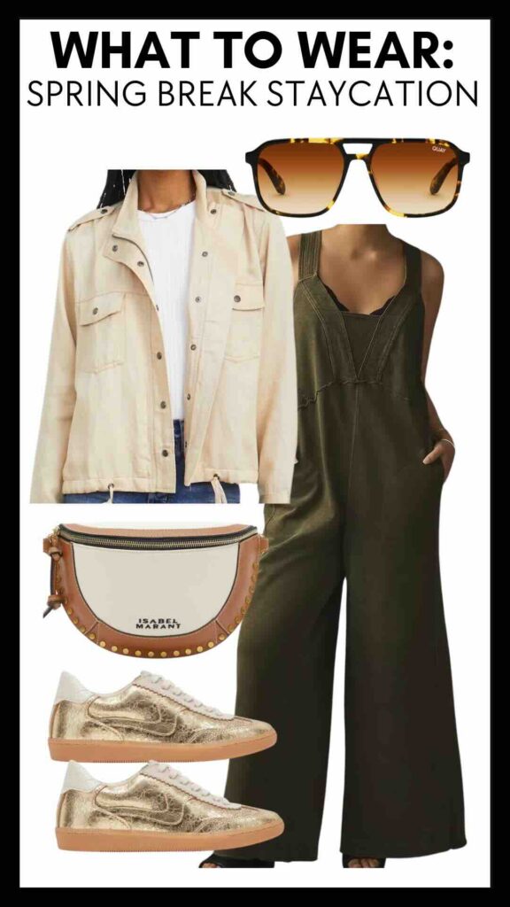 Khaki Twill Jacket & Jumpsuit how to style a jumpsuit how to wear a twill jacket how to style gold sneakers must have accessories the best belt bag the best sneakers how to style metallic sneakers how to wear gold sneakers