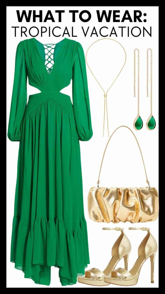 What To Wear On A Tropical Vacation Long Sleeve Cutout Dress how to style a cutout dress how to wear a cutout dress in your 40s how to accessorize with gold the best gold accessories what to wear to dinner at a resort dressy resort style inspo what to wear to dinner at the beach what to wear to a beach wedding