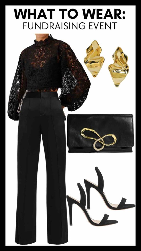 What To Wear To A Fundraising Event This Spring Long Sleeve Lace Top & Silk High Waisted Wide Leg Pants what to wear to a cocktail party this spring how to style pants for a cocktail party the best black accessories must have dressy shoes must have clutch the best post earrings must have statement earrings how to style a lace top how to wear all black this spring how to dress pants up how to wear heels with pants how to style silk pants wedding guest outfit