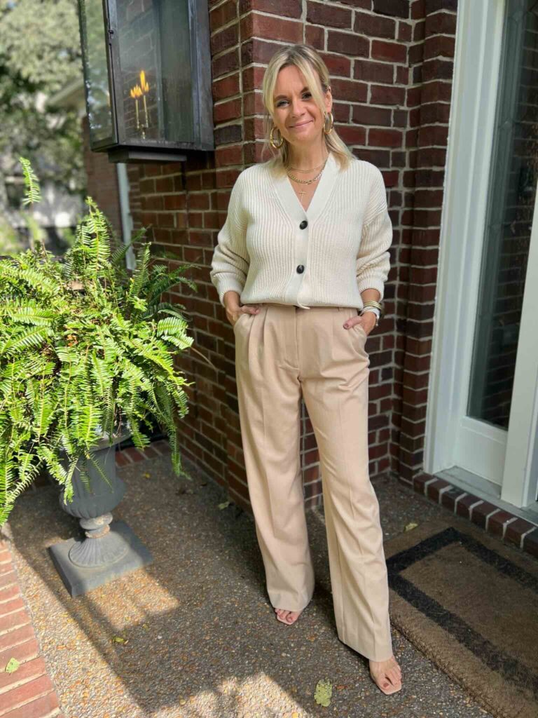 How To Wear Wide Leg Pants Neutral Cardigan & Beige Trousers Nashville personal stylists share style inspo for trousers tone on tone look for winter how to wear a cardigan with wide leg pants how to wear wide leg pants to work how to style wide leg trousers for the office fun winter outfits winter style inspo
