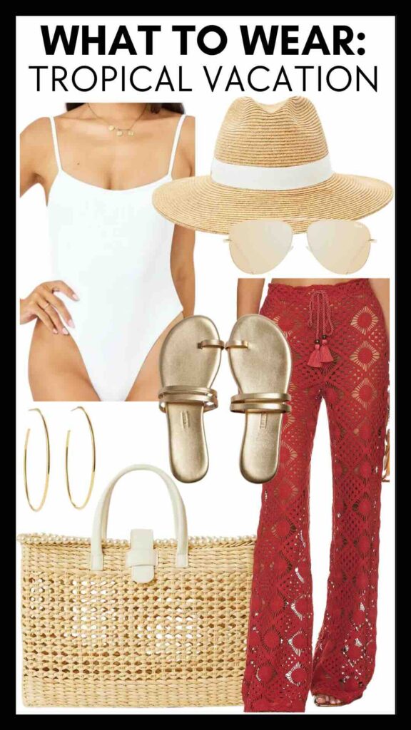 What To Wear On A Tropical Vacation One Piece Swimsuit & Crochet Pants how to style cover up pants the best swim cover ups Nashville personal stylists share resort style inspo the best beach accessories must have accessories for the beach how to wear a one piece swimsuit  the best sandals for the beach versatile beach accessories what to pack for a resort vacation what to pack for a beach vacation