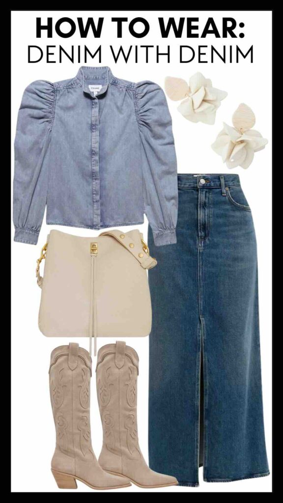 How To Wear Denim With Denim Puff Sleeve Chambray Blouse & Denim Midi Skirt how to wear a jean midi skirt how to style a jean skirt how to style a midi skirt neutral accessories the best spring accessories how to wear a chambray shirt how to style a chambray shirt how to wear a chambray shirt with a jean skirt how to style denim with denim