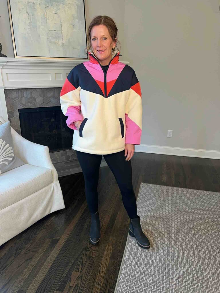 Our Go-To Athleisure Wear Brands Right Now Colorblocked Quarter Zip Fleece & Seamless Leggings fun fleeces for spring fun layering pieces for spring nashville personal stylists share the best layering pieces how to wear leggings how to wear a colorful fleece how to style Chelsea boots