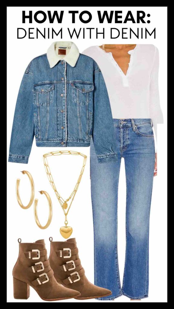 Sherpa Trucker Jean Jacket & Medium Wash Jeans styling a jean jacket with jeans gold accessories early spring style inspo late winter style inspiration nashville stylists share jeans looks personal stylists give tips for styling jeans with jeans styling different colors of jeans together