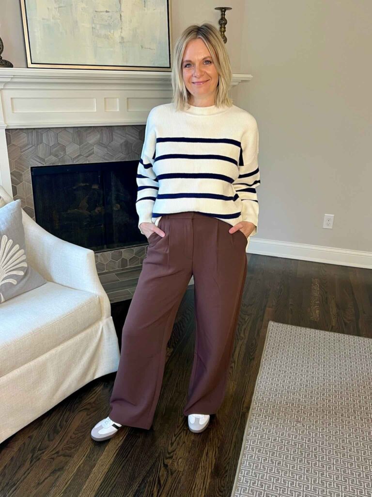 How To Wear Wide Leg Pants Striped Sweater & Brown Trousers Nashville personal stylists share style inspo for trousers casual look with trousers fun winter outfits winter style inspo how to wear sneakers with trousers how to wear a sweater with trousers how to style brown trousers casual looks with trousers