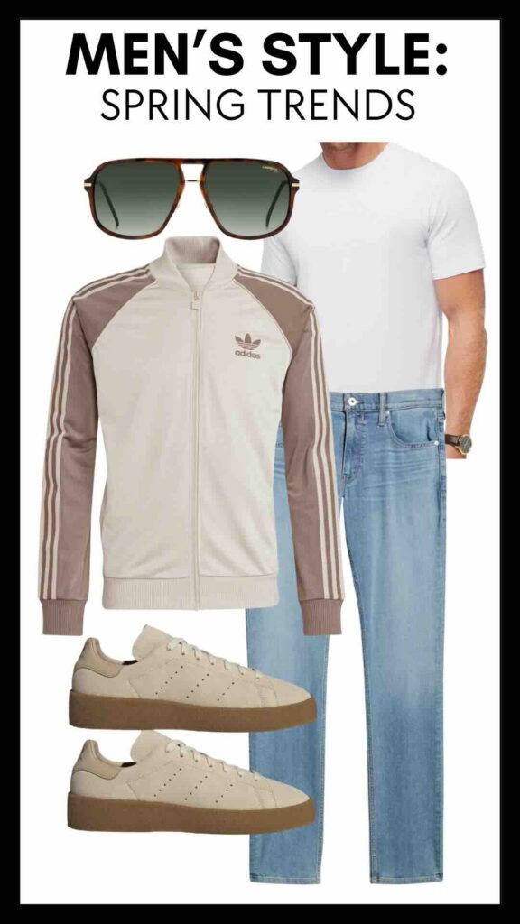 Men's Spring Style Trends 3 Stripe Track Jacket & Slim Fit Jeans how to style a track jacket how to wear a track jacket the track jacket trend casual spring style inspo for the guys