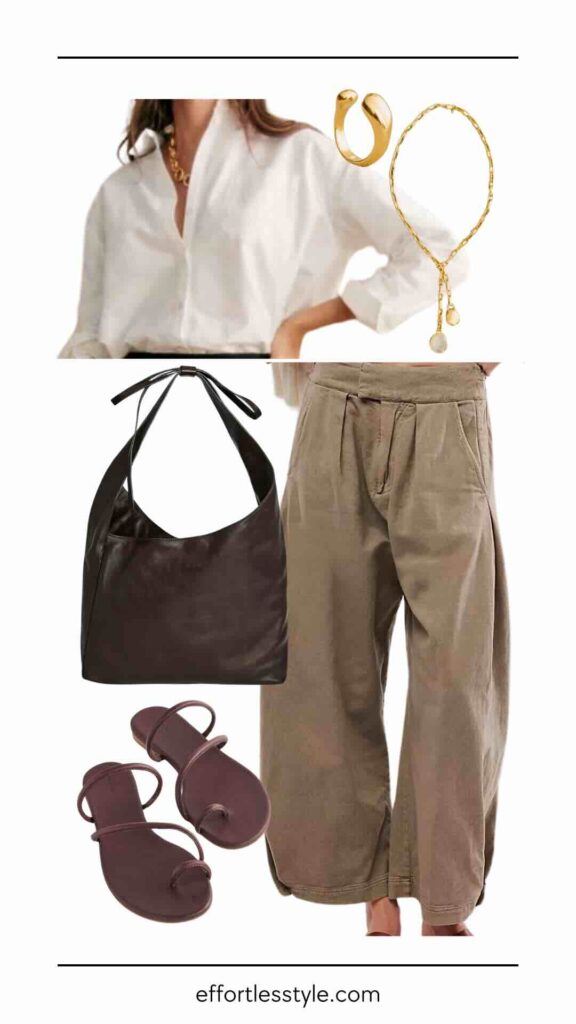 Ladies' Spring Weekend Outfit Formula Button-Up Shirt & Wide Leg Pants how to style wide leg pants how to wear sandals with wide leg pants casual spring style casual spring outfit the best spring accessories how to style sandals for spring pleated wide leg pants nashville personal stylists share spring outfits nashville personal shoppers share what to wear this spring what to wear to a meeting this spring how to wear flat sandals with pants