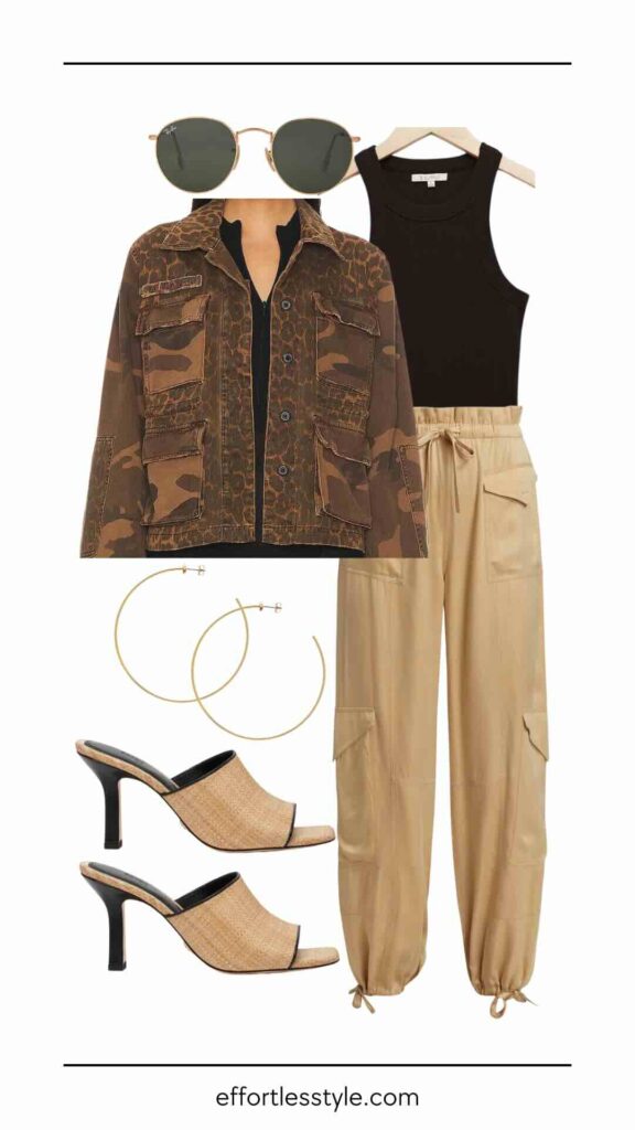 Camouflage Jacket & Satin Cargo Pants how to dress up cargo pants dressy cargo pants must have sandals must have shoes how to style satin cargo pants how to style a camouflage jacket dressy casual outfit dressy casual style nashville personal stylists share styled outfits nashville personal shoppers share date night outfit what to wear for girls night out