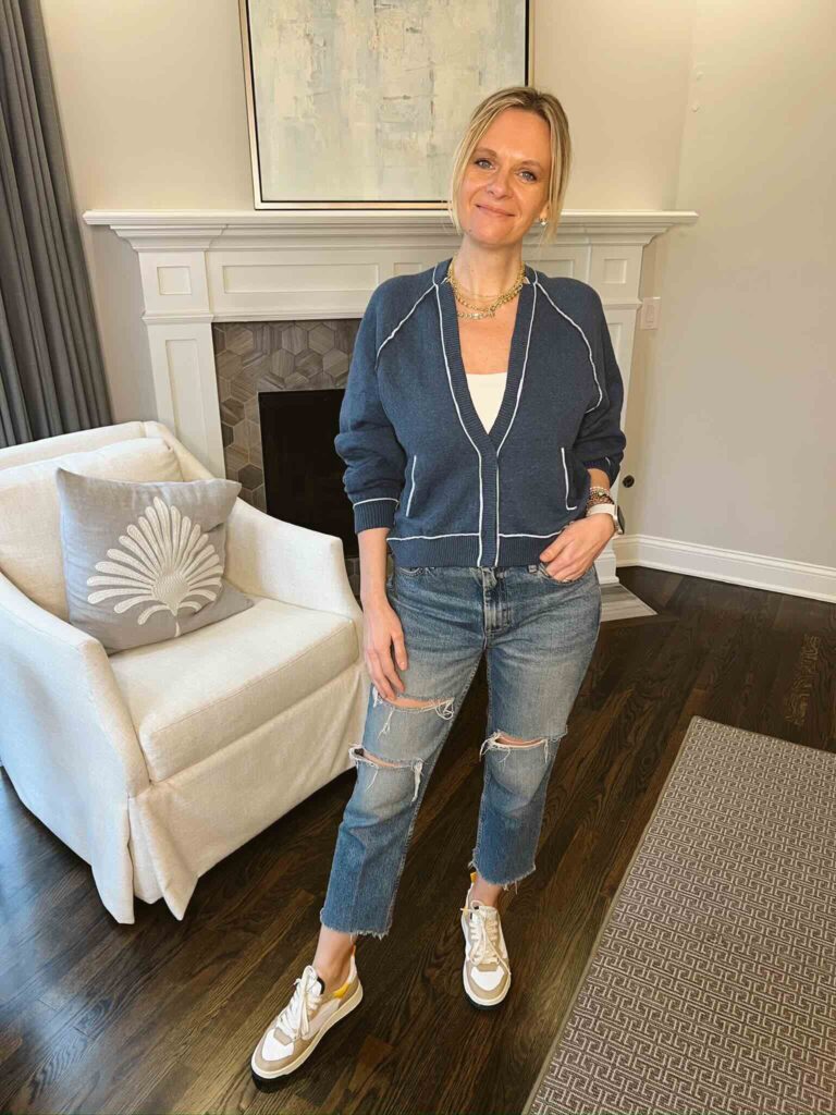 Cardigan & Distressed Jeans how to style distressed jeans how to wear distressed jeans in your 40s how to style sneakers with distressed jeans how to elevate distressed jeans