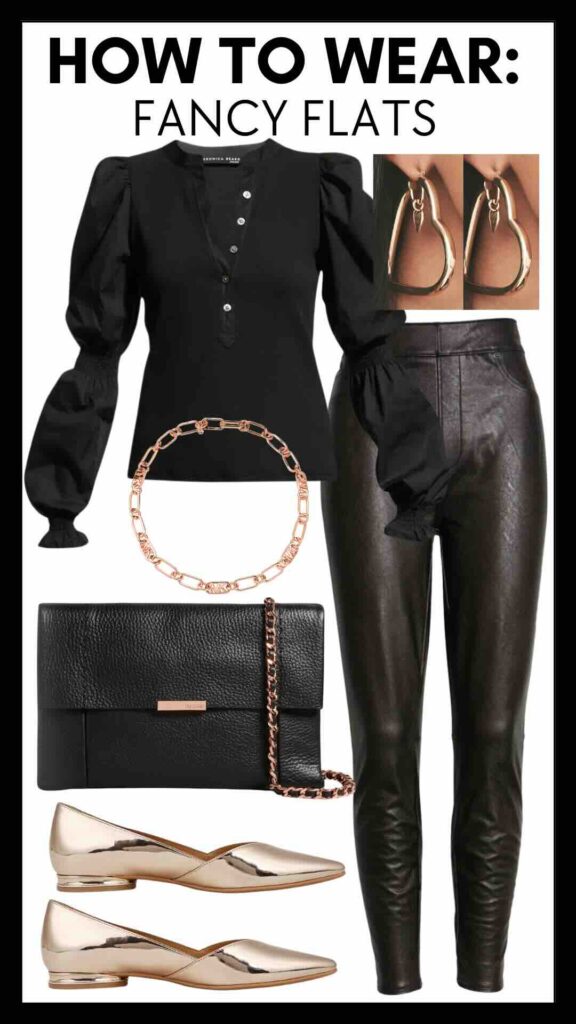 Cinched Sleeve Blouse & Faux Leather Skinny Ankle Pants styling all black for spring styling leather pants for spring styling rose gold shoes nashville personal stylists share fun shoes for spring must have shoes for spring the best shoes for spring