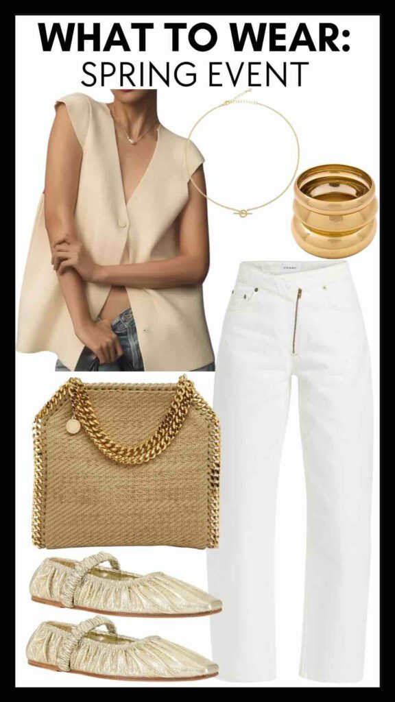 What To Wear To Spring Events Oversized Sweater Vest & White Barrel Jeans how to style barrel jeans how to dress up barrel jeans the barrel jeans trend Nashville personal stylists share spring outfits nashville personal shoppers share spring style inspiration what to wear to a spring party how to style white jeans for an event elevated casual spring look how to wear metallic ballet flats the best spring accessories how to accessorize with gold how to wear gold accessories