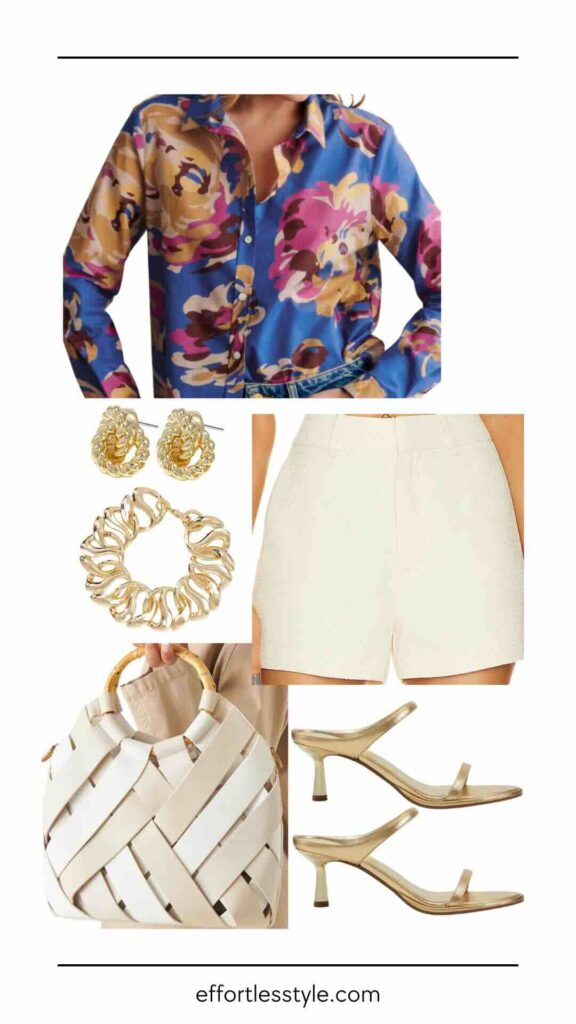 Ladies' Spring Weekend Outfit Formula Printed Button-Up Shirt & Tweed Shorts how to style shorts this spring how to wear heels with shorts how to dress up shorts what to wear for date night what to wear for a spring event must have spring accessories Nashville personal shoppers share spring outfits nashville personal stylists share spring style inspo how to style gold sandals how to style tweed shorts