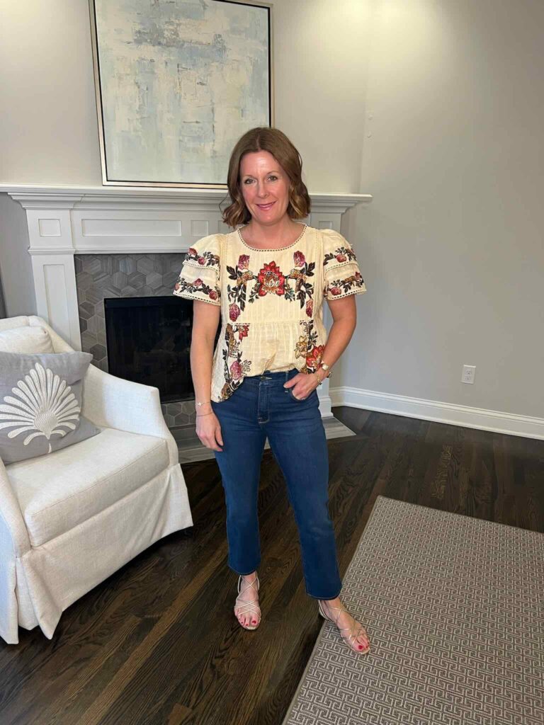 15 Outfits For Early Spring Ruffle Sleeve Blouse & Straight Leg Jeans how to wear dark wash jeans in spring how to wear gold sandals in spring nashville stylists share spring style inspo nashville personal shoppers share spring outfits spring style