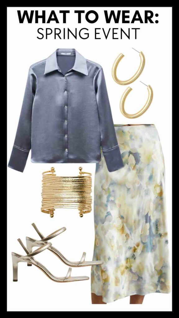 What To Wear To Spring Events Satin Button-Up Shirt & Printed Slip Skirt how to style a slip skirt how to wear a midi skirt the best spring accessories how to accessorize with gold versatile spring shoes the best metallic sandals for spring what to wear to a spring event how to dress up a slip skirt nashville stylists share styled spring outfits 