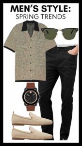 Men's Spring Style Trends Short Sleeve Tweed Button-Up Shirt & Slim Fit Pants spring style inspo for the guys how to wear a tweed shirt how to wear the tweed trend how to style loafers