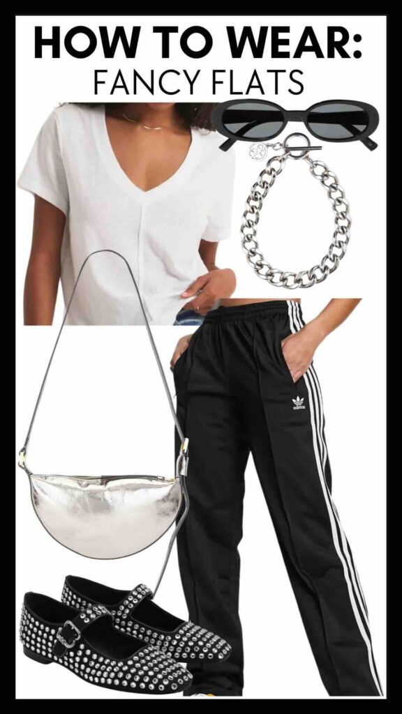 How To Wear Fancy Flats V-Neck Tee & Track Pants how to wear rhinestone flats how to style silver accessories how to style track pants how to wear flats with track pants the best spring accessories must have shoes for spring the best shoes for spring spring outfits spring style inspo