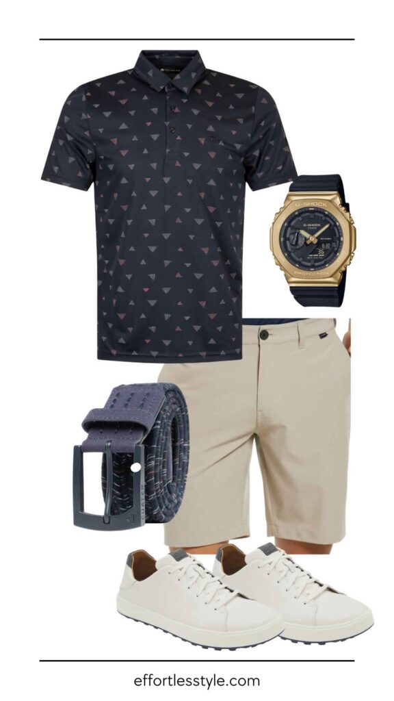 Nashville Stylist Tips For Men: What To Wear For A Business Travel Day Pique Polo & Chino Tech Shorts what to wear for golf with co-workers what to wear for golf with clients what to wear for golf for work golf style inspiration spring style inspiration for the guys