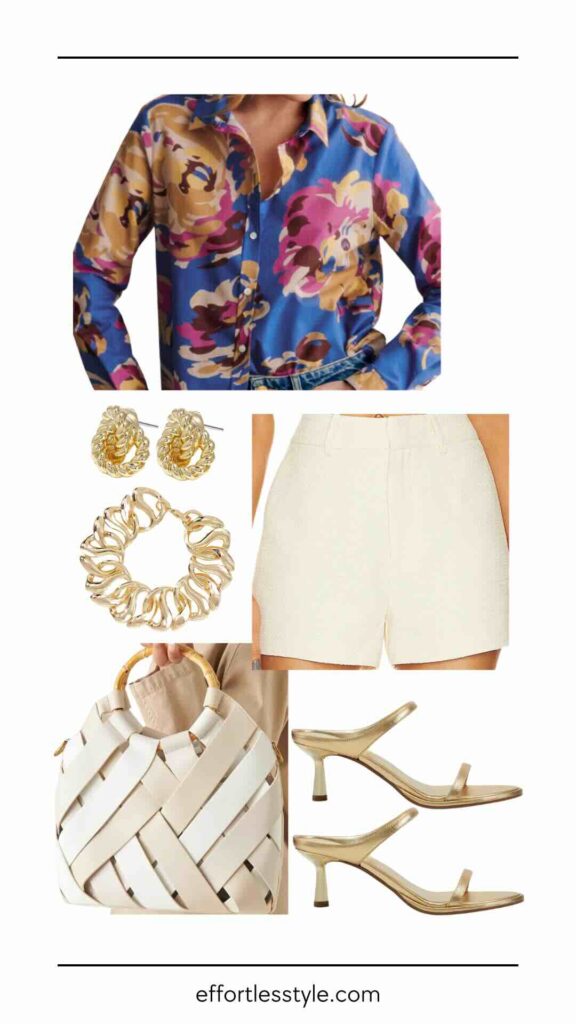 printed blouse and tailored shorts styling printed blouse the best gold sandals the best gold jewelry dressy shorts look dressy shorts outfit styling shorts with heels styling shorts with a blouse styling tailored shorts