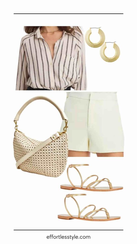 How To Wear Shorts This Spring Striped Button-Up Shirt & Tailored Shorts how to style a button-up shirt with shorts the best gold sandals nashville personal stylists share the best spring accessories must have accessories for spring how to dress your shorts up how to wear your shorts for a girls lunch spring style inspiration dressy casual shorts look how to style tailored shorts