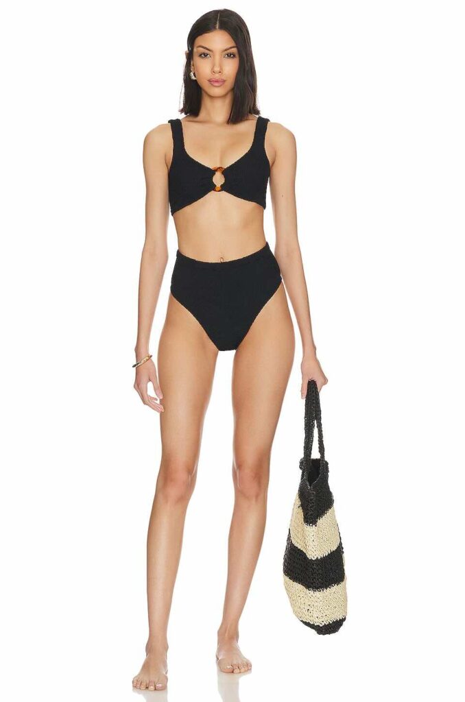 Black Crinkle Fabric Two Piece Bathing Suit the best two piece bathing suits all black two piece bathing suit age appropriate bikini the best bikinis how to wear a bikini in your 40s what to wear at a resort what to wear to a pool party what to wear at a resort