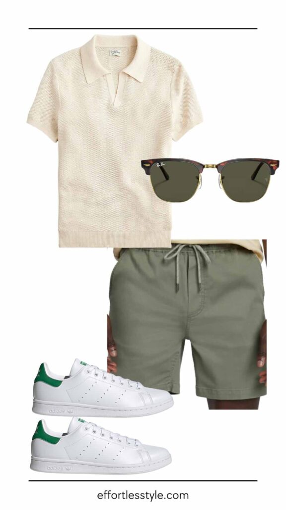Guys' Summer Weekend Outfit Formula Cotton Mesh-Stitch Polo & Drawstring Chino Shorts summer style inspo for the guys what to wear this summer summer outfits for guys summer looks for men how to style drawstring shorts how to style white sneakers how to style a mesh polo casual summer look for the guys men's summer style men's summer fashion
