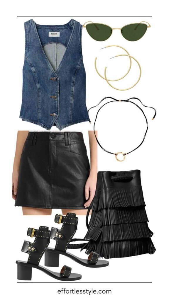 Denim Vest & Faux Leather Mini Skirt summer concert style style inspo for summer concerts styled outfits for outdoor concerts styled outfits for country music concerts how to style a leather skirt in summer how to style a denim vest how to style a leather skirt for a country concert how to style a denim vest for a country concert