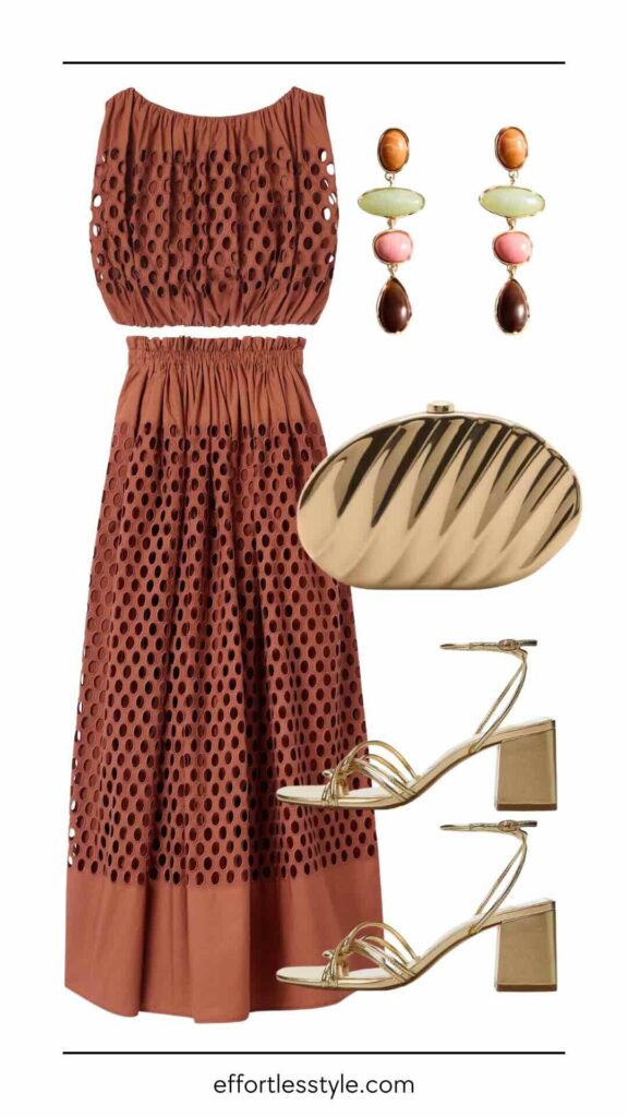 Eyelet Matching Set styled summer outfit summer style inspo the best summer accessories styling gold sandals summer date night look girls night out outfit nashville personal stylists share summer outfits nashville personal shoppers share summer style inspo