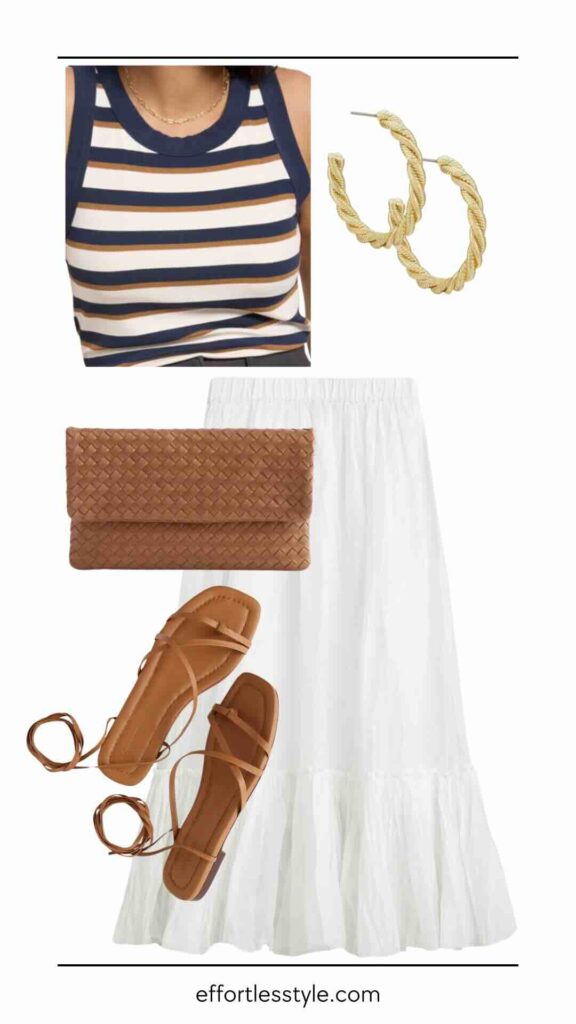 How To Wear A Maxi Skirt For Summer Striped Tank & Crinkle Cotton Maxi Skirt how to style tan accessories for summer how to wear tan sandals this summer casual summer looks nashville personal stylists share summer style inspo what to wear this summer casual summer style how to wear stripes this summer