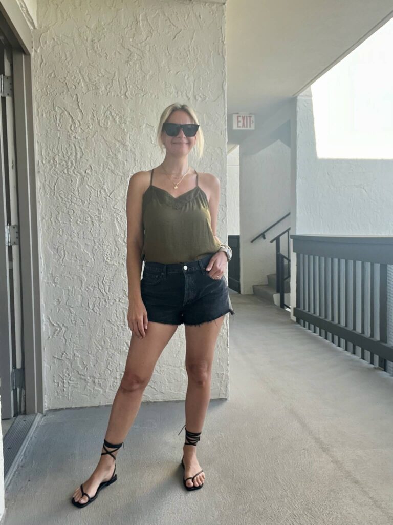 Camisole & Black Cutoffs how to style black cutoffs this summer how to wear black cutoffs in summer how to wear jean shorts in your 40s how to style a camisole this summer how to wear lace up sandals the best sandals Nashville personal stylists share summer style inspiration