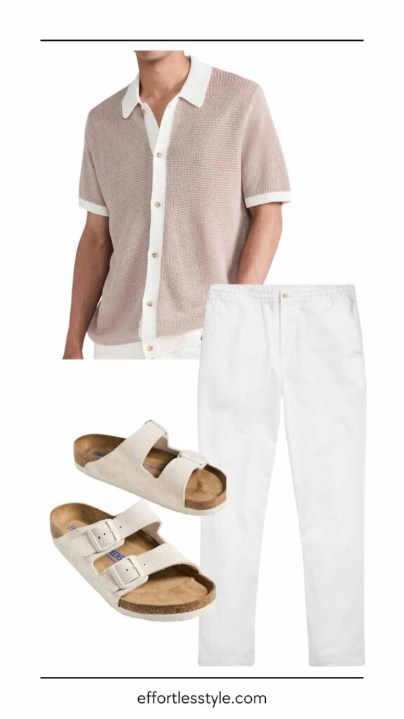 For The Guys: How To Wear Linen Linen Button-Up Sweater Lightweight Stretch Pants nashville personal stylists share guy's summer looks nashville personal shoppers share summer style inspiration for the guys dressy casual summer style for guys guys dressy casual summer outfit men's summer style inspiration how to style a linen sweater how to style suede Birkenstocks this summer how to style white pants