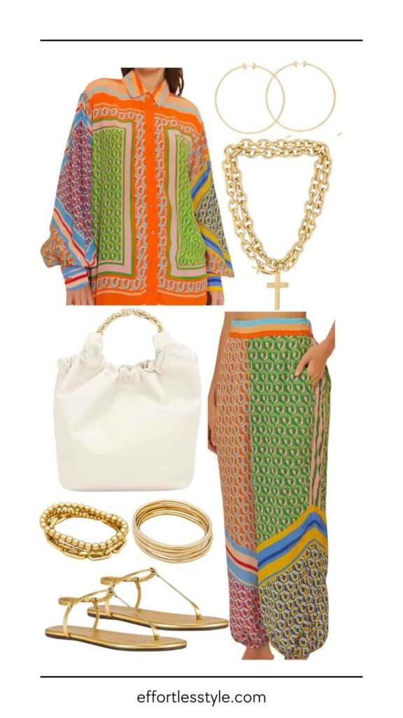 Ladies' Summer Weekend Outfit Formula Printed Long Sleeve Blouse & Flowy Pants how to style a matching set the best summer accessories must have summer accessories must have sandals how to style gold sandals how to style printed pants how to wear Flowy pants summer style inspo summer outfits must have summer accessories the best gold jewelry how to style gold jewelry how to wear layered necklace how to style a chain link necklace how to stack bracelets how to create a gold bracelet stack