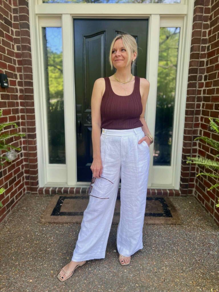 Linen Pants Styled Four Ways Scoopneck Tank Top & Wide Leg Linen Pants how to style linen pants how to style white linen pants dressy casual summer outfit summer style inspo how to wear sandals with pants must have summer pieces what to buy this summer what to wear this summer how to dress a tank top up