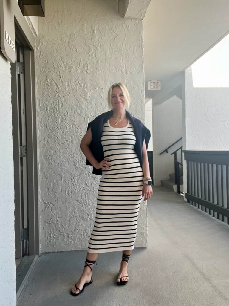 Sweatshirt & Striped Bodycon Maxi Dress how to style a bodycon dress how to style lace up sandals Nashville personal stylists share favorite summer accessories affordable summer dresses casual summer outfit how to style a casual dress for summer Nashville personal stylists share summer style inspiration
