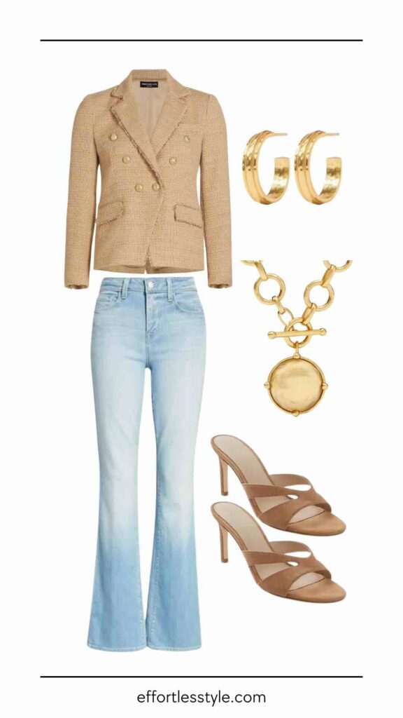 How To Wear A Blazer This Summer Blazer & Bootcut Jeans how to style sandals with jeans how to style bootcut jeans for summer dressy summer style inspiration the best gold accessories how to wear jeans to work how to style bootcut jeans how to style light wash jeans this summer