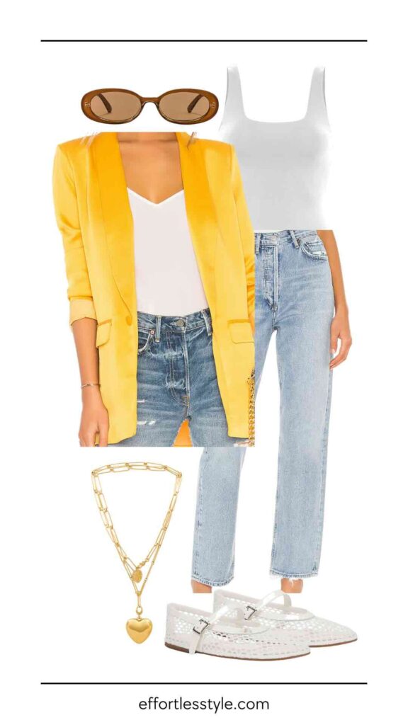 Blazer & Straight Leg Jeans the mesh flat trend styling mesh ballet flats styling jeans with a blazer styling a bodysuit styling a colorful blazer casual blazer outfit 