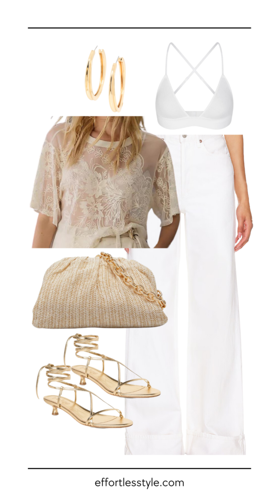 How To Dress Up Your White Jeans Embroidered Mesh Top & White Cuffed Wide Leg Jean what to wear for girls nigh out this summer how to wear tone on tone with white jeans how to elevate your white jeans how to wear gold sandals how to style a mesh top dressy casual summer style inspiration summer outfit how to style white jeans for date night date night outfit