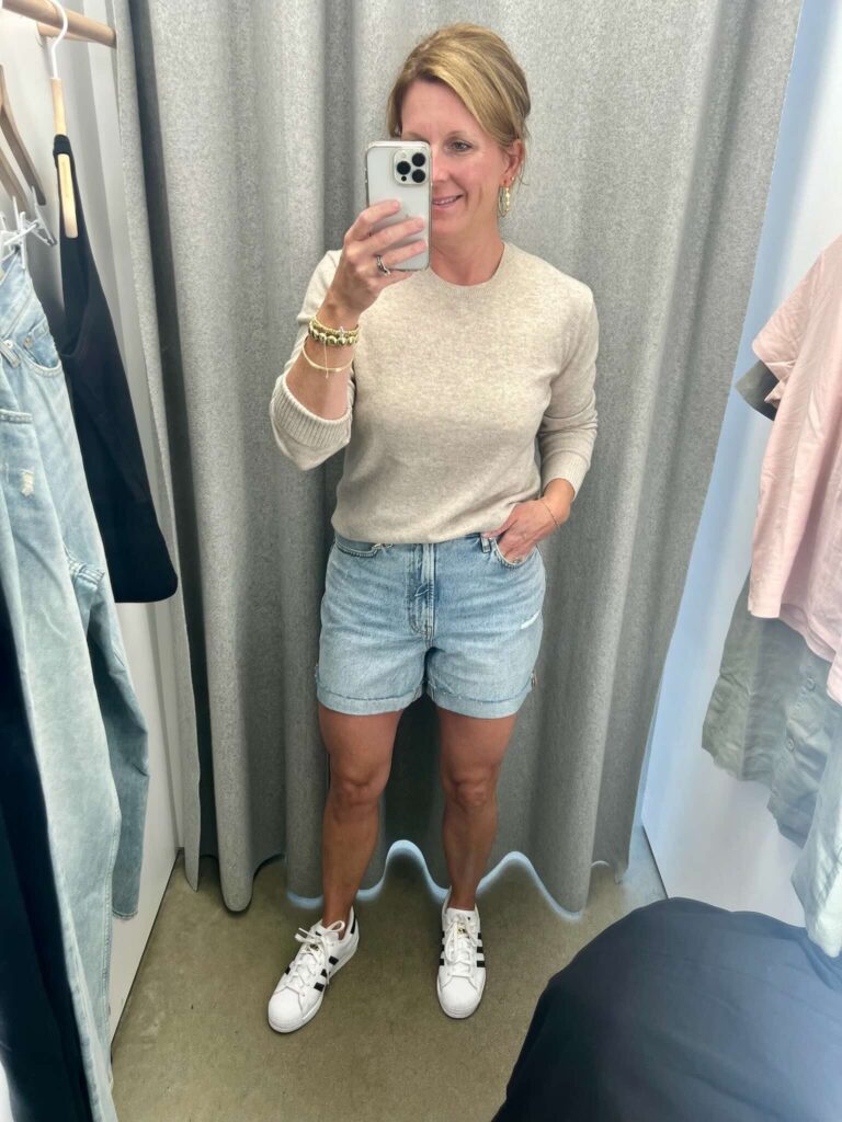 Lightweight Cashmere Sweater & Jean Shorts affordable cashmere sweater lightweight sweater for summer the best jean shorts age appropriate jean shorts mid length jean shorts how to wear jean shorts in your 40s must have jean shorts if you're in your 40s