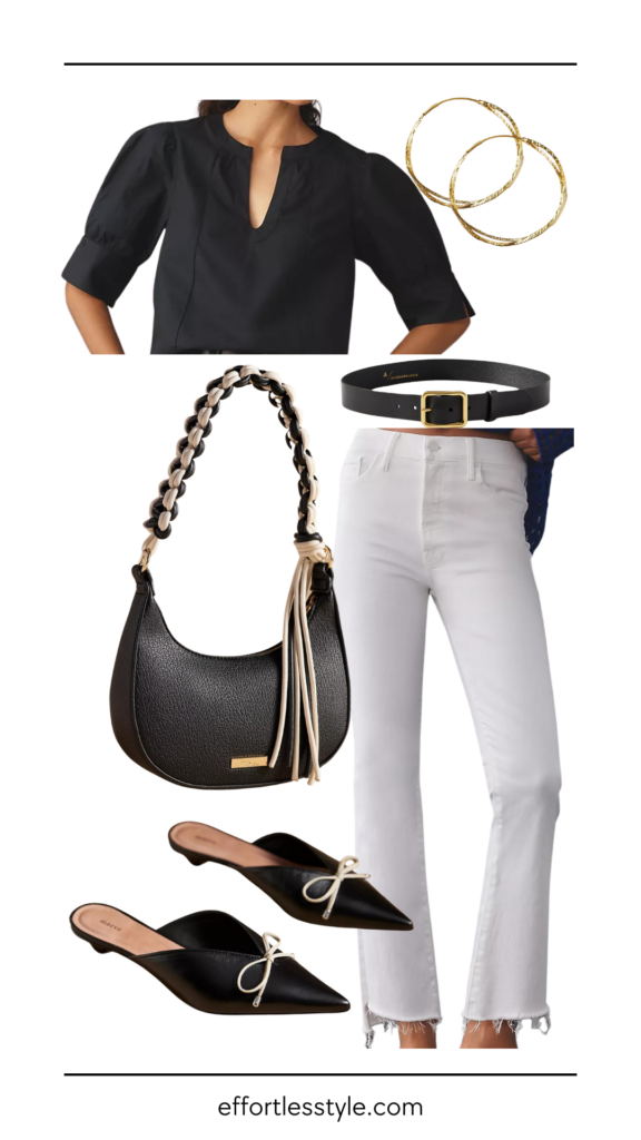 How To Dress Up Your White Jeans Puff Sleeve Blouse & White Crop Step Fray Jeans How To Dress Up Your White Jeans Puff Sleeve Blouse & White Crop Step Fray Jeans how to wear black and white how to elevate your white jeans how to style black mules how to wear bow mules the best summer accessories the best black accessories for summer what to wear to lunch with girlfriends this summer how to style white jeans for a meeting dressy casual summer style inspo