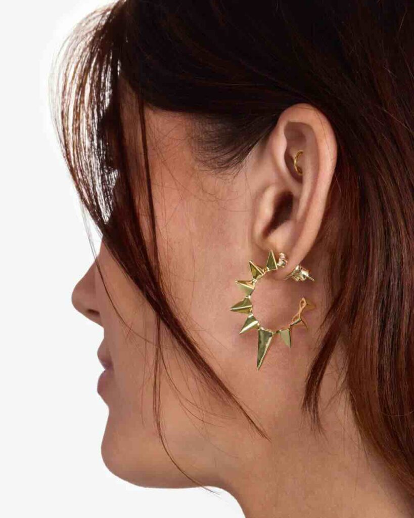 Spiked Gold Hoop Earrings what to buy this summer must have summer pieces must have summer accessories the best gold jewelry Nashville personal stylists share the best summer accessories summer jewelry trends trendy summer jewelry versatile gold jewelry what to buy this summer