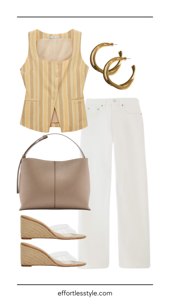 How To Dress Up Your White Jeans Striped Vest & White Wide Leg Jean how style a vest the best summer accessories how to elevate your white jeans what to wear on a summer date night what to wear for a girls night out this summer summer outfit how to style wedge sandals