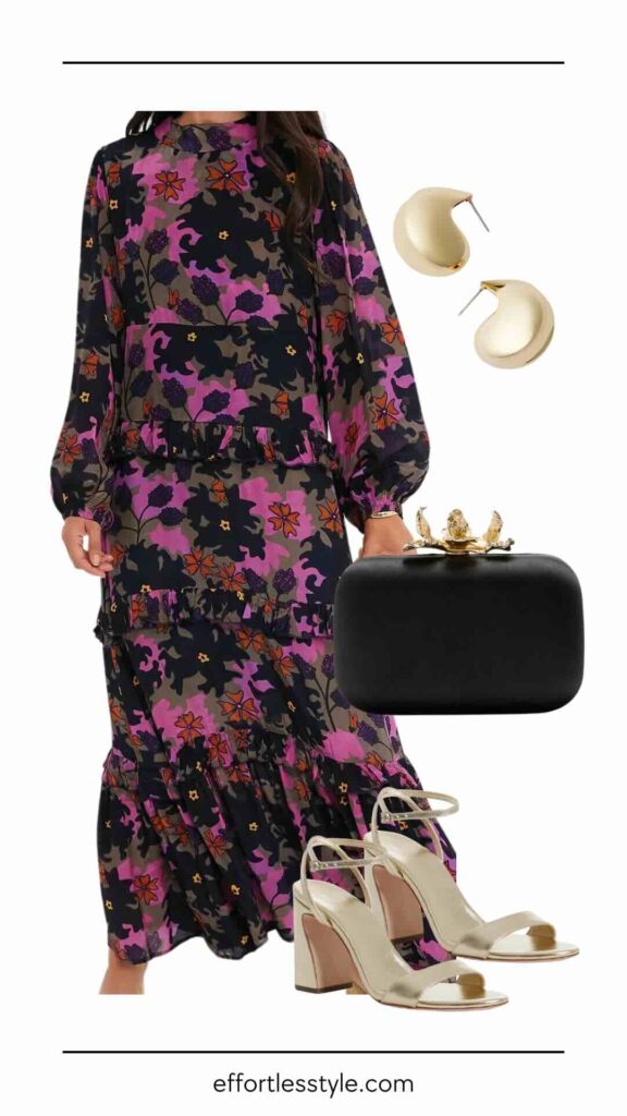 What To Wear To A Fall Wedding In Colorado Blouson Sleeve Tiered Maxi how to wear color to a fall wedding what to wear to a fall mountain wedding show to accessorize a floral dress wedding guest outfit wedding guest dress the best dressy accessories Nashville personal stylists share wedding guest style inspiration 