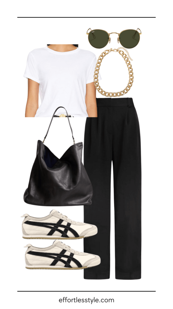 How To Wear White Sneakers Crewneck Tee & Wide Leg Trouser & Sneakers early fall style inspiration how to elevate your sneakers how to wear sneakers with trousers how to style sneakers with wide leg pants how to accessorize a tee shirt and trousers what to wear this fall