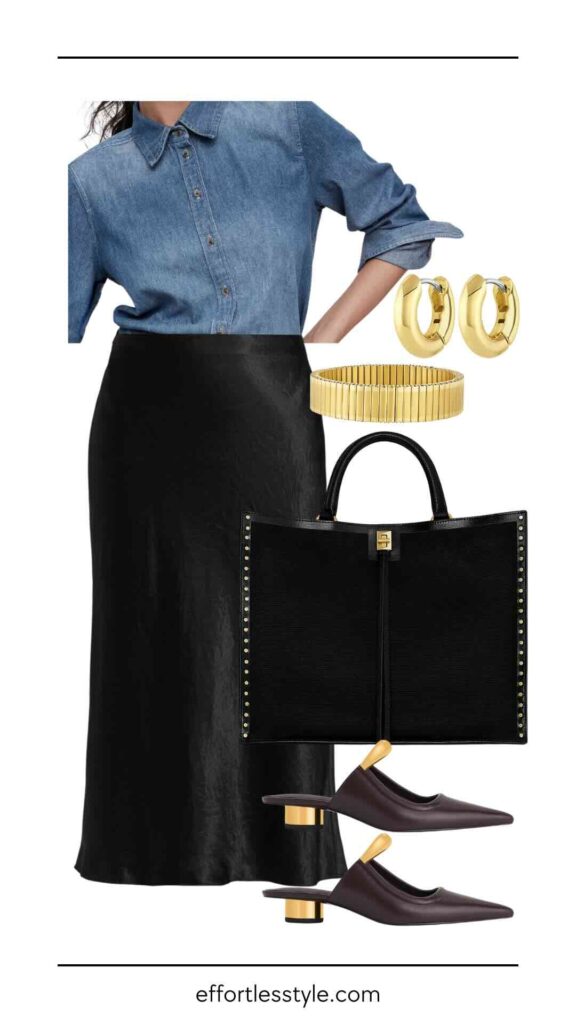 How To Elevate Your Office Style Denim Button-Up Shirt & Satin Midi Skirt how to style a denim shirt for work how to dress up a denim shirt for the office how to style a slip skirt for work how to wear a slip skirt to the office