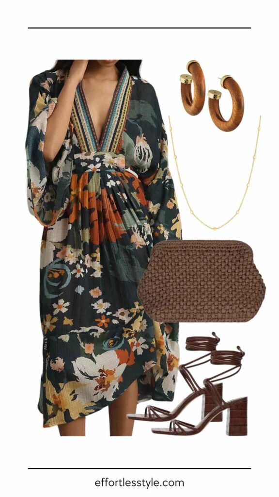 What To Wear To A Fall Wedding In Colorado Floral Midi Dress How to style a kaftan dress for a wedding how to wear a print to a wedding what to wear to a mountain wedding how to accessorize a wedding guest dress wedding guest Dress wedding guest outfit