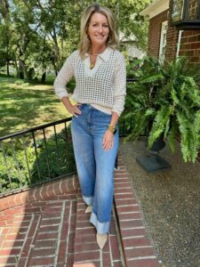 The Best Fall Transition Pieces Open Stitch Sweater & Cuffed Jeans what to wear this fall how to style an open weave sweater how to style cuffed jeans how to style taupe booties