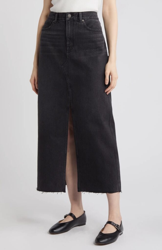 Raw Hem Black Denim Midi Skirt what to buy for autumn the best pieces for late summer and early autumn versatile clothes for late summer and early autumn must have pieces for autumn the best denim skirt